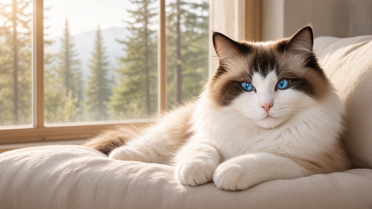 Seal bicolor Ragdoll resting by a window overlooking pine trees