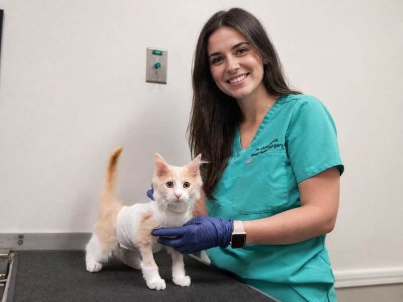 Exam veterinarian with a kitten after care